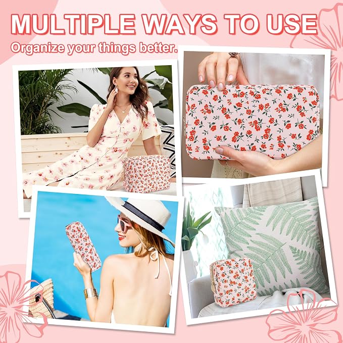 Waterproof Small Floral Pencil Case Makeup Bag for Purse,Cute Flower Pencil Pouch Preppy Nylon Makeup Brush Holder with Zipper,Girls Portable Storage Case Small Pen Bag for Work(Slim Pink-Flowers)