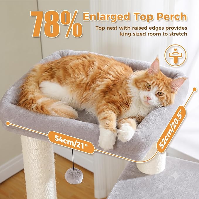 PAWZ Road Large Cat Tree, 45" Heavy Duty Cat Tower with Dual Condos, Gray | thick scratching posts(φ4.3"), 21"x21" spacious perch, large scratching ramp, dual condos for large&maine cats