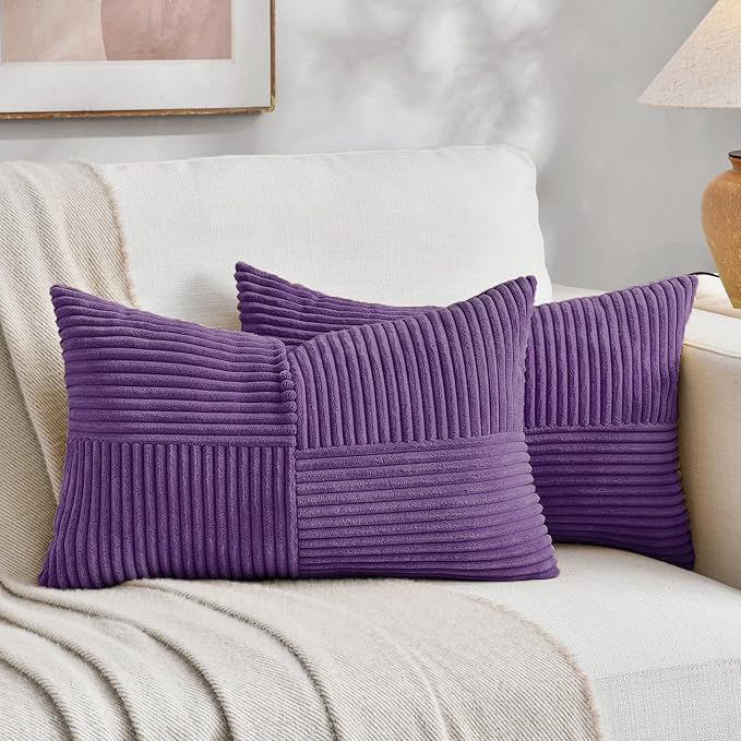 Fancy Homi Purple Lumbar Decorative Throw Pillow Covers 12x20 Inch for Living Room Couch Bed, Farmhouse Boho Home Decor, Soft Striped Corduroy Rectangle Accent Cushion Case 30x50 cm