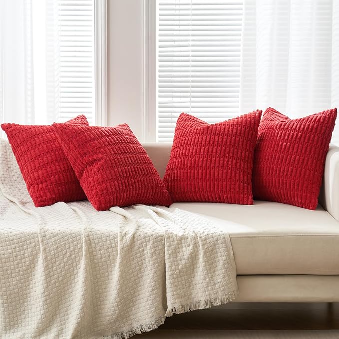 MIULEE Pack of 4 Christmas Corduroy Throw Pillow Covers 18x18 Inch Red | Neutral Rustic Farmhouse Boho Soft Striped Pillow Covers,Home Decor for Sofa,Living Room,Couch,Bed