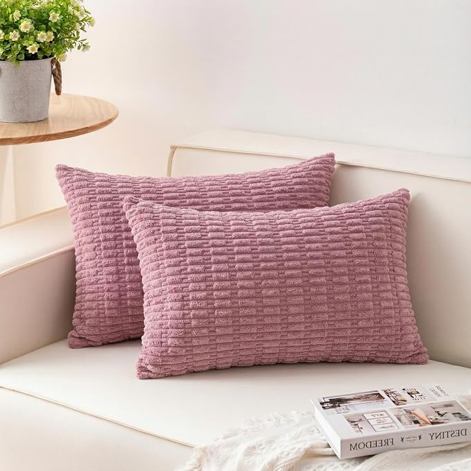 Aegero Pack of 2 Corduroy Decorative Throw Pillow Covers 12x24 Inch, Pink | Fall Soft Striped Pillow Covers Modern Farmhouse Home Decor Christmas Throw Pillow Covers for Sofa Living Room Couch Bed