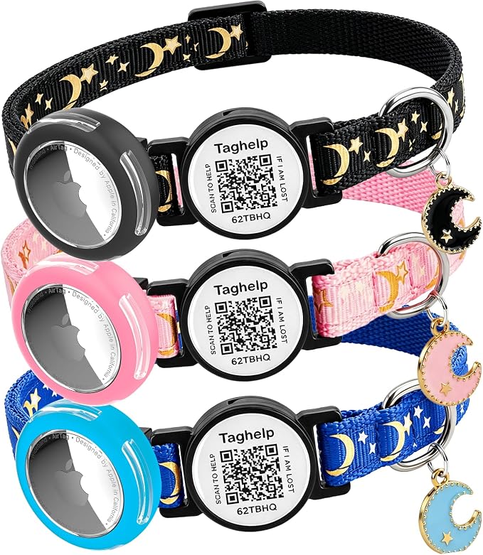 3 Pack Breakaway Cat Collars with Moons Stars - Adjustable Apple Waterproof Airtag Holder for Cats, Safety Buckle for Girl & Boy Pets - Ideal Pet Supplies & Gifts,NO app (Black, Blue, Pink)