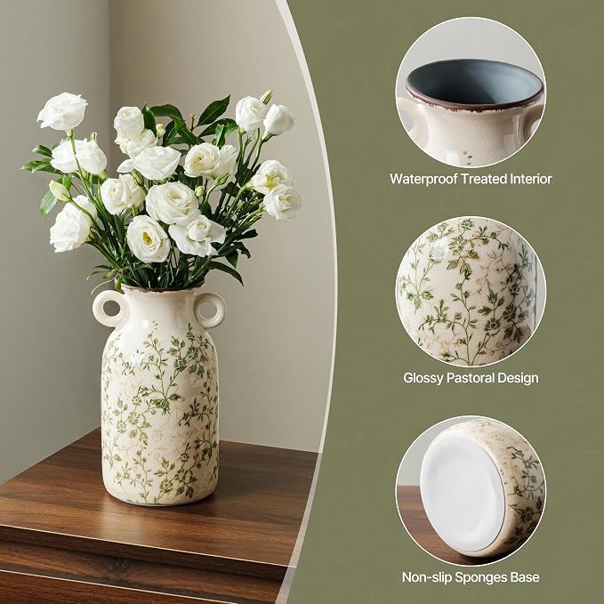Ceramic Flower Vase with Handle for Home Decor, Vintage Green Vase 9.1 Inch | Rustic Farmhouse Floral Vase for Mantel, Living Room, Coffee Table, Kitchen, Bookshelf, Entryway, Wedding Centerpiece