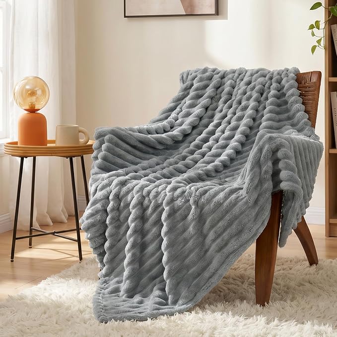 Gray Twin Blanket for Bed & Couch, 60 x 80 Inch | 300GSM Ribbed Fleece Blanket, Soft, Cozy & Lightweight, OEKO-TEX Certified, All-Season Use for Travel, Dorm & Home Decor