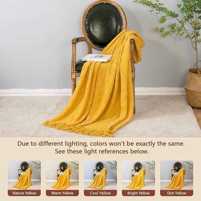 inhand Golden Yellow Knitted Throw Blanket for Couch and Bed, 50"x60" | Knit Fall Decor Halloween Blanket with Tassel, Lightweight Decorative Farmhouse Warm Woven Blankets and Throws for Women