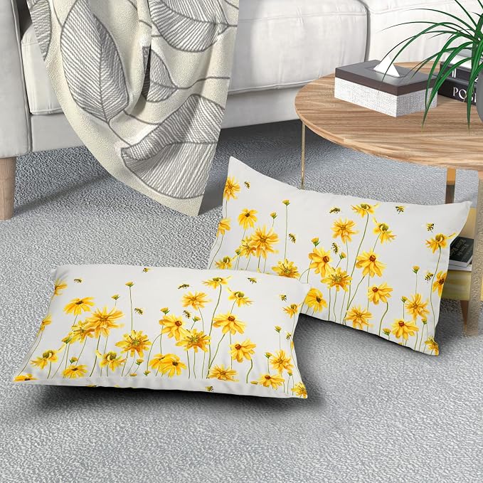Spring Summer Throw Pillow Covers 12X20 in Set of 2 Yellow Flowers Coreopsis Bee Decorative Lumbar Pillow Cases Bees Floral Rectangle Pillow Cover Farmhouse Decor for Outdoor Room Couch Patio Porch