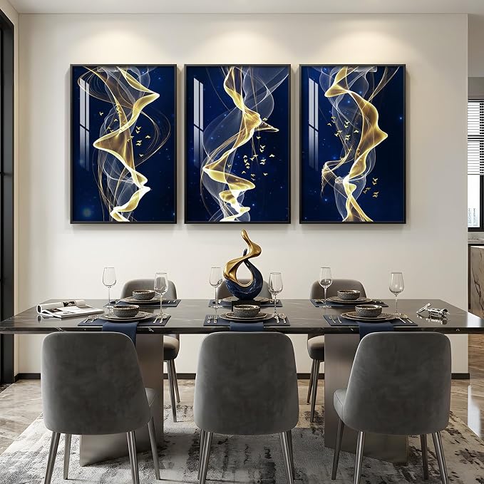 Large Framed Modern Blue and Gold Wall Art for Living Room, 3 Piece Abstract Artwork for Walls, Contemporary Luxury Line Picture Prints Paintings for Dining Room Office Hallway, 24x36 Inch