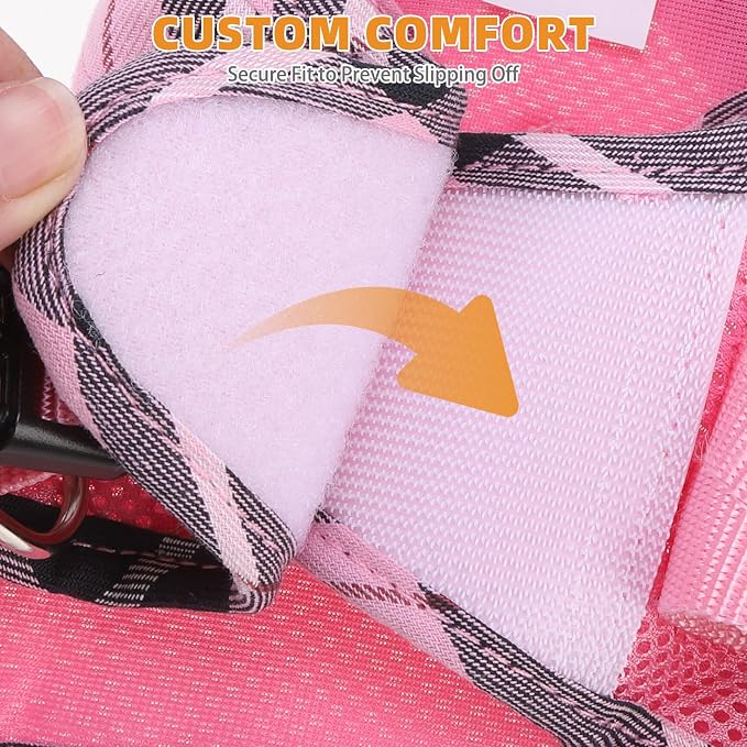 KOOLTAIL Small Dog Harness and Leash Set, Cute Pink Girl Puppy Harness, Step in No Pull Soft Mesh Pet Vest Harness Collar for Small Size Dogs Cats, Plaid Dog Halters for Outdoor Walking, Pink S