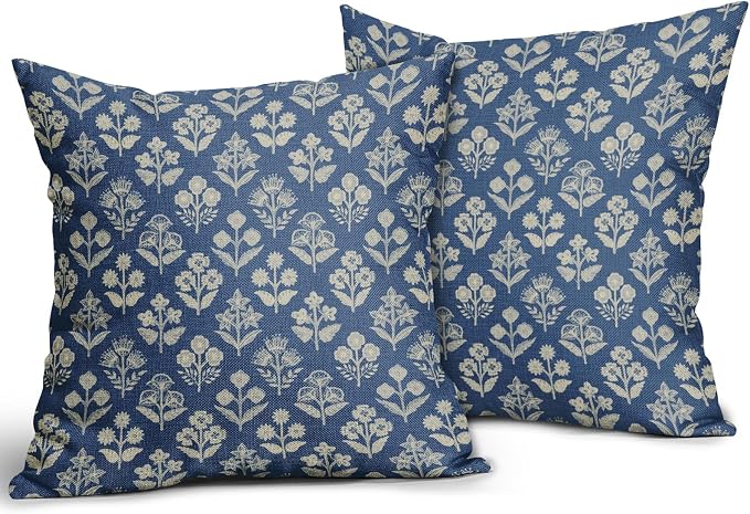 Blue Floral Pillow Covers 22x22 Inch Set of 2, Vintage Flower Block Print Pattern Decorative Throw Pillowcases Outdoor Farmhouse Cushion Covers Spring Summer Rustic Sofa Couch Bed Decor
