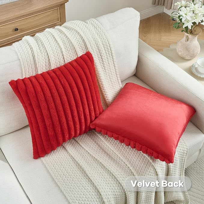 FUTEI Pack of 2 Faux Fur Throw Pillow Covers 26x26 Inch, Red | Fluffy Faux Rabbit Fur Front/Premium Velvet Back,Hidden Zipper,Machine Washable,Non-Shedding,Colorfast,Insert Not Included.