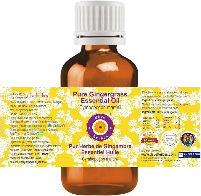 dève herbes Gingergrass Essential Oil (Cymbopogon martinii) Pure | Non-Sticky | Non-Greasy | Lightweight | Men & Women | All Skin Types | Steam Distilled 10ml (0.33 oz)