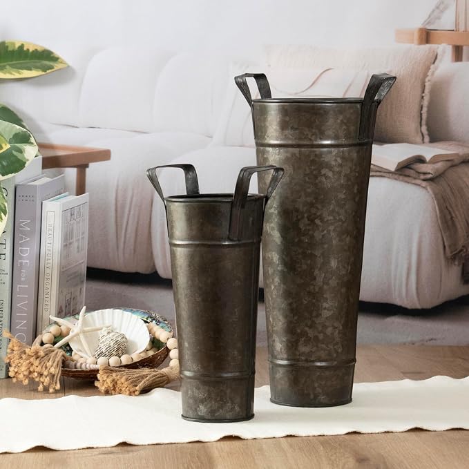Galvanized Metal Floral Vases with Handles Set of 2 (Charcoal)
