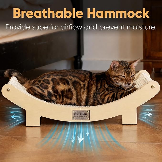 FUKUMARU Extra Large Sisal Cat Scratcher Bed Indoor Sturdy Wood Scratch Bed | 27.4 Inch Large Cat Scratching Bed Scratch Pad, 100% Natural Sisal Cat Hammock, Solid Wood Frame Lounger Chair Sofa