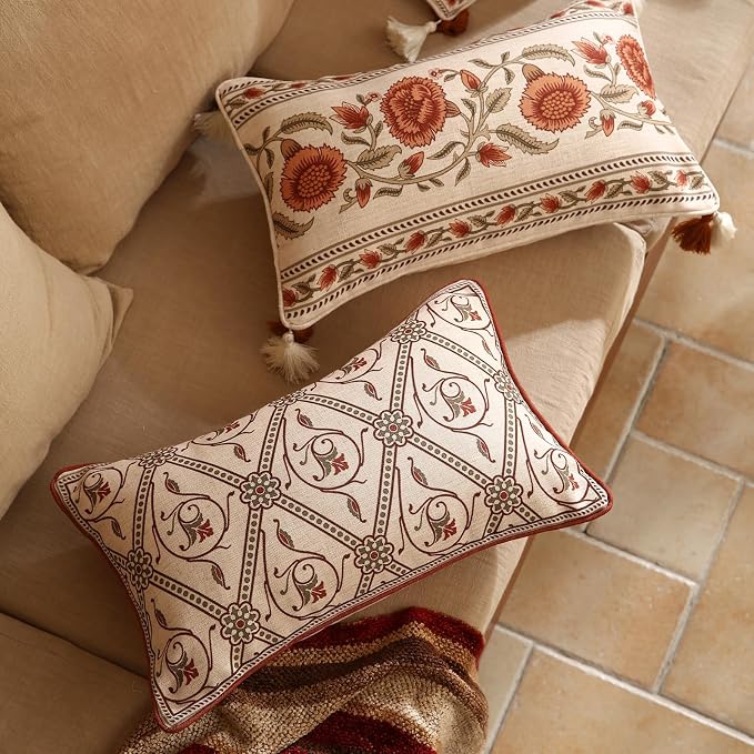 Designer Vintage French Linen Throw Pillow Cover,20"x12"-Albano D | Elegant Rectangle Pillow Cover,Concealed Zipper Design,Floral Pattern,Sofas,Bedroom,Living Room,Lounge Chairs,Decor
