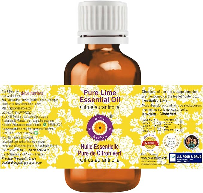 Deve Herbes Pure Lime Essential Oil (Citrus aurantifolia) Steam Distilled (Pack of Three) 100ml X 3 (10 oz)