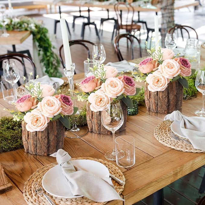 3 Pcs Wooden Vase for Centerpieces Wedding Flower Table Centerpieces Woodland Party Decor Rustic Farmhouse Bark Stump Buckets Vintage Planter Pots for Garden Baby Shower Window Home (Large)