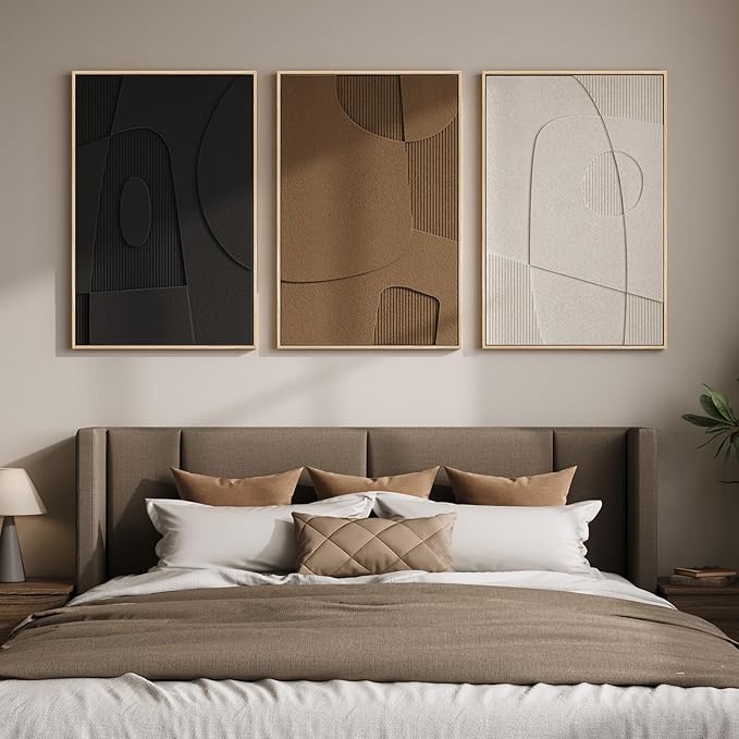 Large 3D Textured Framed Neutral Abstract Wall Art for Living Room, 3 Piece | Solid wood frames, sculptural curved detail, black white brown tones, big size 24x36 in, modern wall decor for bedroom office