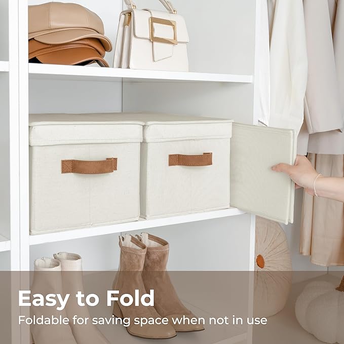 StorageWorks Closet Storage Bins, Fabric Storage Bins with Lids | Lidded Dust-proof, Easy Pull Handles, Foldable, Stackable, Ideal for Clothes Blanket Towel, Large, Ivory, 3-Pack