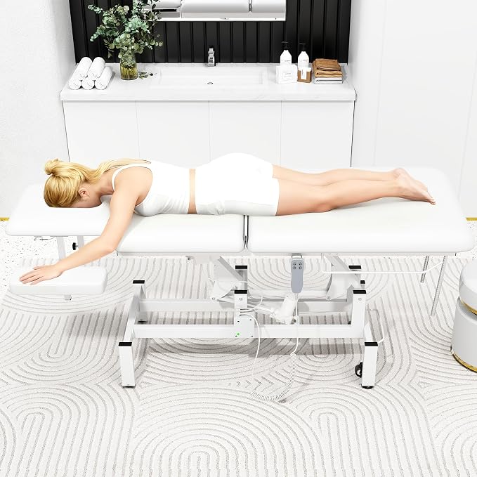 2 Motors Electric Spine Massage Table, Hydraulic Electric Lift Adjustable Waist and Height Lifting Functions for Treatment, Physical Therapy, Spinal Massage, Facial Spa, Waxing, Tattooing - White