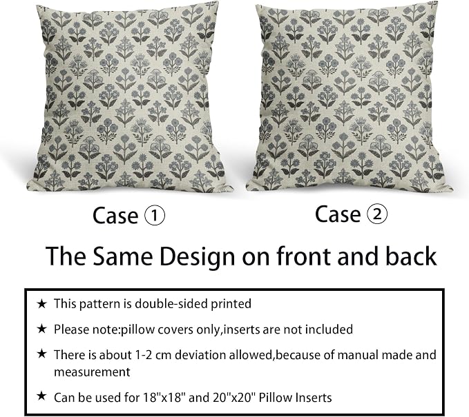 Black Dusty Blue Floral Pillow Covers 20x20 Inch Set of 2, Vintage Flower Block Print Pattern Decorative Throw Pillowcases Outdoor Farmhouse Cushion Covers Rustic Neutral Sofa Couch Bed Decor