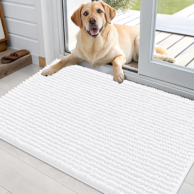 OLANLY Dog Door Mat for Muddy Paws 36x24, Extra Absorbent Chenille Mud Mat | White, Absorbs Moisture and Dirt, Non-Slip Machine Washable Doormat, Quick-Drying Indoor Entryway Floor Mat for Dogs