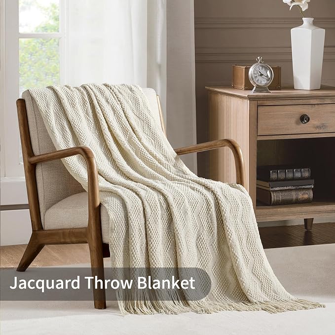 BOURINA Beige Throw Blanket 50x60 Inch Soft Ripple Throw Knitted Blanket | Soft Ripple Throw Textured Solid Soft Throws and Blankets for Sofa or Bed Knitted Decorative Blanket