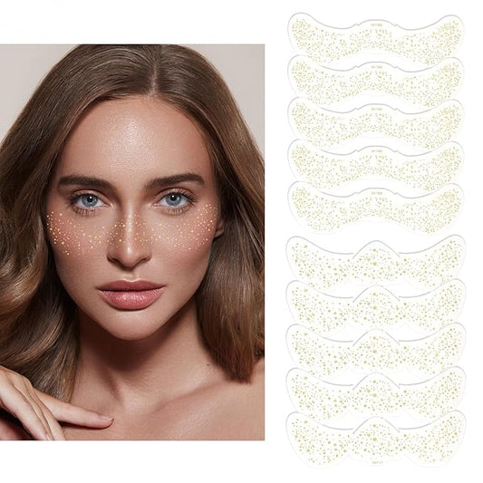 Face Glitter Freckles Gold Temporary Tattoos Stickers with Stars Spots on Face Freckle Tattoos Body Glitter for Women Girls Party Cosplay Country Concerts Singer Festival Rave Accessories Gold-10 pcs