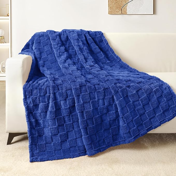 Exclusivo Mezcla 3D Checkered Fleece Throw Blanket for Couch, Cobalt Blue | Super Soft and Cozy Fluffy Throw, Lightweight and Breathable, Cute Fuzzy Blanket for Sofa, Home Decor, All Season, 50"x60"