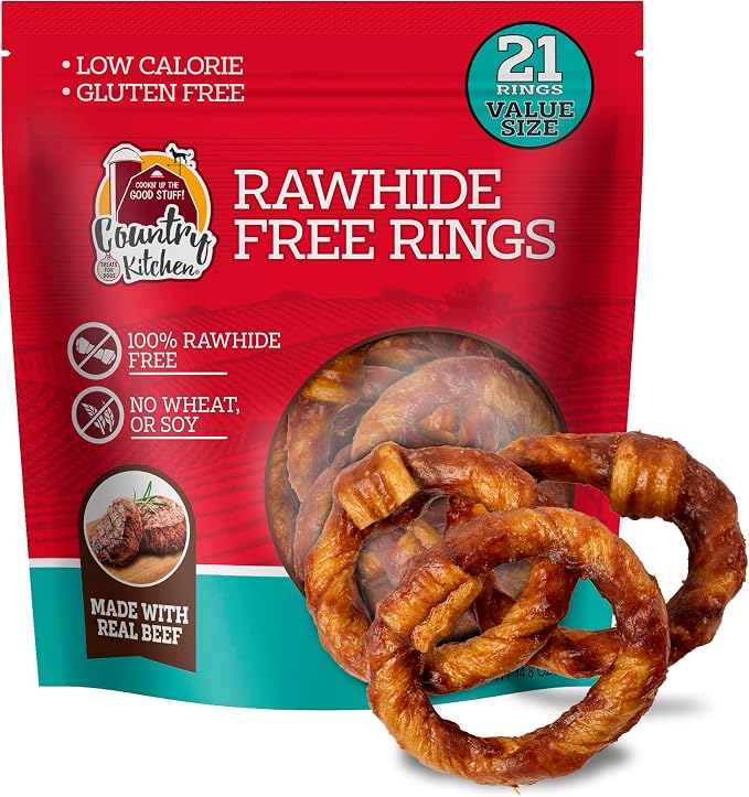 Country Kitchen Rawhide Free, Beef Rings Dog Chews, 21 Count | Made with Real Beef, Highly Digestible, Gluten Free