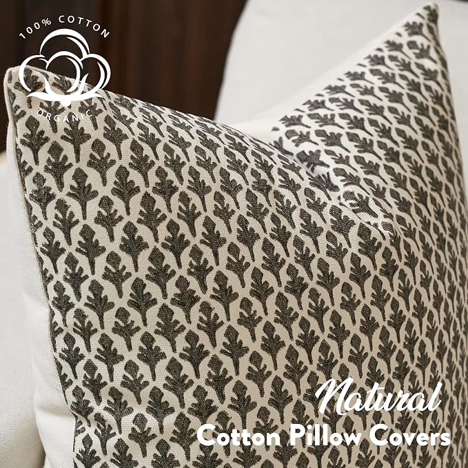 FIOUOVO Floral Pillow Covers 24x24 Pillow Cover Block Print Couch Pillows for Living Room Decorative Neutral Accent Throw Pillow Covers, 1PC, Charcoal Black