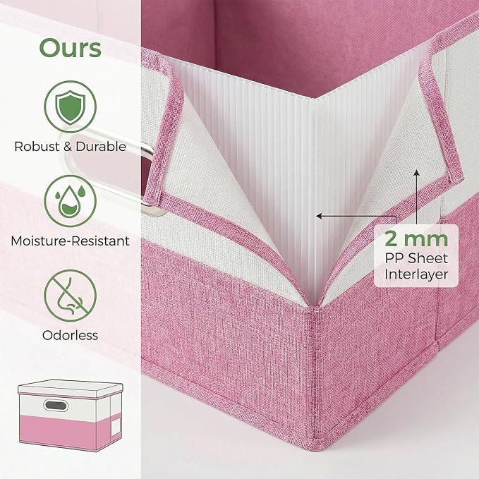 Storage Bins with Lids [3-Pack] Linen Fabric Foldable Storage Boxes Organizer Containers Baskets Cube with Cover for Bedroom Closet Office Pink&White（11.4X8.6X6.7