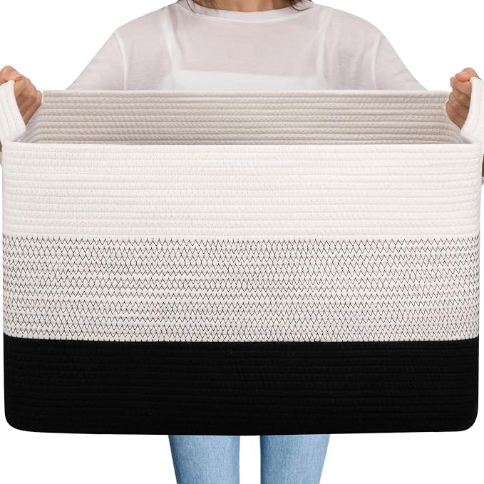 OIAHOMY Extra Large Blanket Basket, 95L Cotton Rope Woven Laundry Basket, Toy Bin for Baby Room, Container for Blanket Storage in Living Room, 24''×17''×14'', Gradient Black