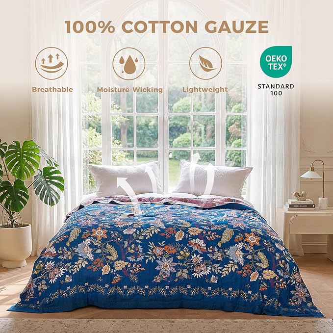 LUTBM Boho Throw Blanket for Bed 60"x80", All Season Cotton Couch Blankets | Blue Reversible Floral Jacquard, Muslin Gauze Twin Quilt, For Chair Sofa Bedroom Living Room Decor, Lightweight & Breathable