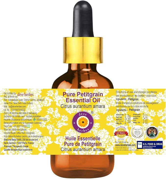 dève herbes Petitgrain Essential Oil (Citrus aurantium Amara) with Glass Dropper | Pure | Non-Sticky | Non-Greasy | Lightweight | Men & Women | All Skin Types | Steam Distilled 100ml (3.38 oz)