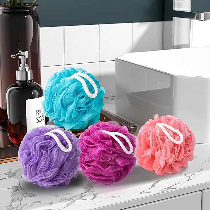 MTDLYICE Loofah for Women 75g 4 Pack, Bath Sponge Soft Mesh Shower Puff Loofah Sponge, Exfoliating Body Scrubber, lufas for Women, Shower Accessories (Purple Red Pink Blue)