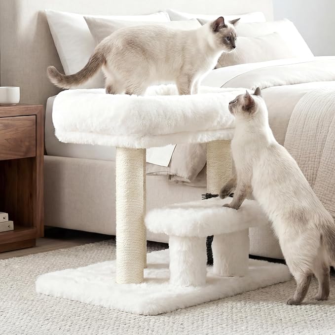 Heybly Cat Scratching Post with Grooming Brush & Gentle Step, HSP001SWH | Small Cat Tree with 5 Full Sisal Posts, Removable Plush Bed, Stable & Space-Saving Cat Furniture for Indoor Cats, White