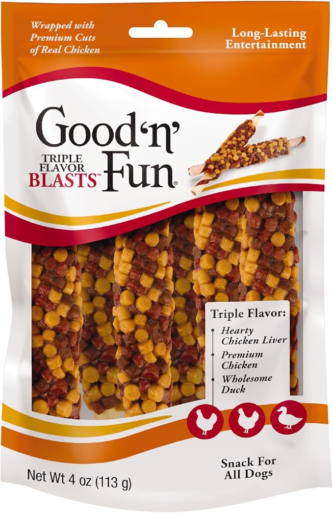 GOOD 'N' FUN Blasts Long-Lasting Dog Treat Made with Real Protein, 4 oz | Premium Chicken, Duck, Pork and Beef Hide Chew, Supports Dental Health and Mental Stimulation, For Adult Dogs