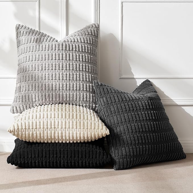 MIULEE Pack of 4 Corduroy Throw Pillow Covers 18x18 Inch Black and White | Neutral Rustic Farmhouse Boho Soft Striped Pillow Covers,Home Decor for Sofa,Living Room,Couch,Bed