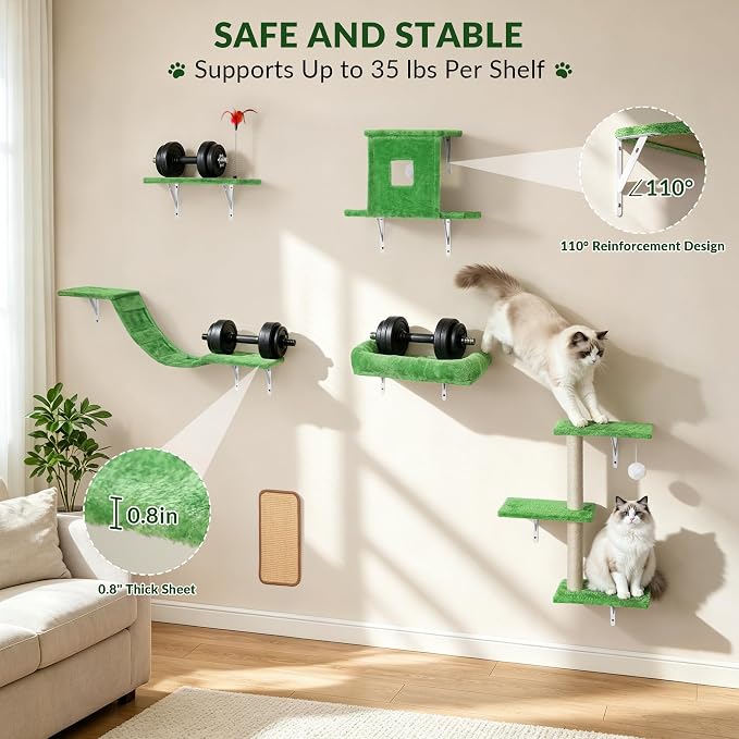 Cat Wall Shelves, 6 in 1 Cat Wall Furniture Set with Condos House, Bed, Bridge, Tree, Steps, Scratching Board, DIY Walls Playground for Indoor (Green)
