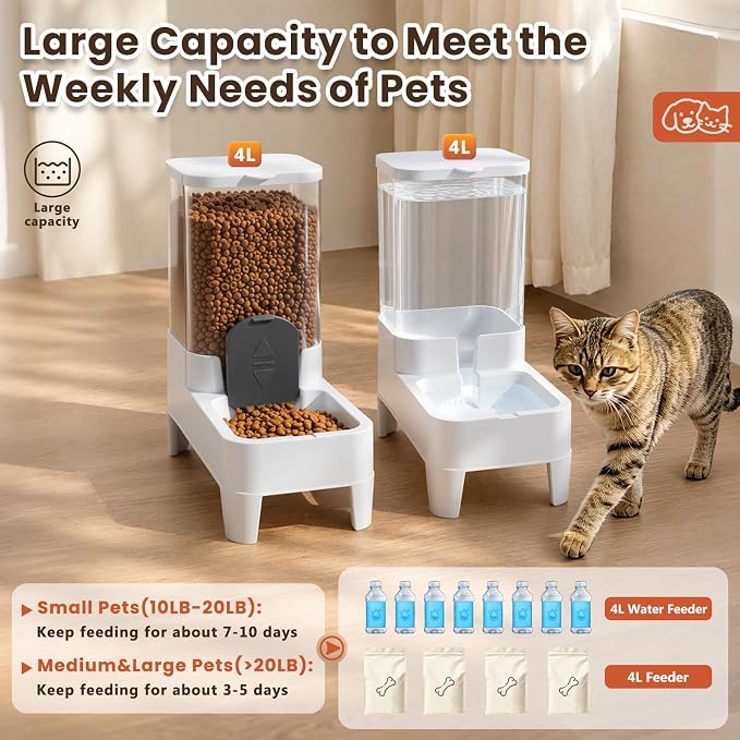 Automatic Cat Feeder and Water Dispenser Set, Top Fill Water&Food Gravity Feeder with Bowl,Easy to Hand-Washable,Elevated Base Design,Suitable for Small&Medium Cat and Dog(4L,White)