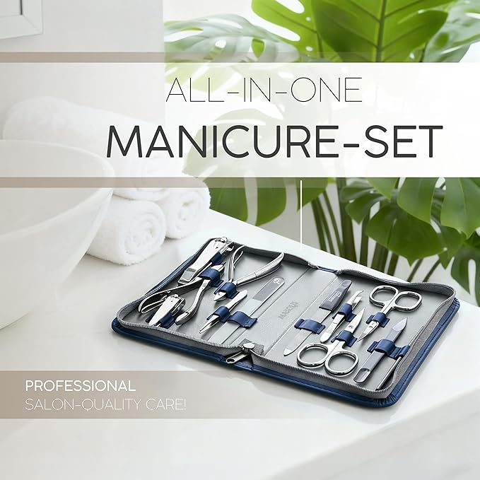 Manicure Set Women and Men – 12-Piece Professional Grooming Kit with Premium Tools, Genuine Leather Case, and exclusive Glass Nail File for Hand & Foot Care, German Quality
