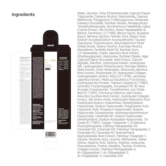 SUNGBOON EDITOR Silk Peptides EGF Intensive Eye Cream with Copper Peptides for Puffiness & Fine Lines | Patented Peptide Complex | Firm-looking & Hydration, Korean Skin Care 1.01 fl oz