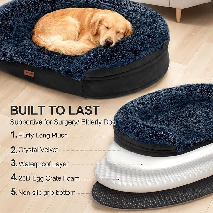 iweepet Fluffy Orthopedic Dog Beds for Large & Extra Large Dogs, 44" Calming Dog Sofa Bed with28D Egg-Crate Foam, Removable Washable Cover, Waterproof Lining, for Puppy,Senior,Sick