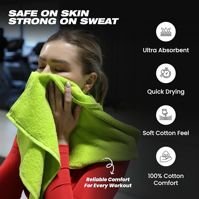 Sports Towel - Double Pack (2 Pieces), 12"x51", Lime Green, 100% Cotton - Oeko-Tex Certified, Very Absorbent and Quick-Drying, for Fitness, Gym and Yoga