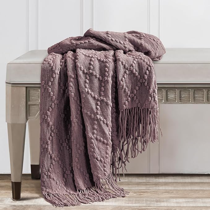 BOURINA Lavender Throw Blanket 50 x70 Inch Jacquard Throw Knitted Blanket | Jacquard Argyle Throw Textured Solid Soft Throws and Blankets for Sofa or Bed Knitted Decorative Blanket