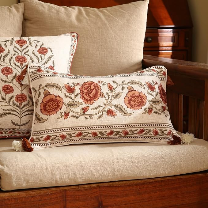 Designer French Linen Throw Pillow Cover,Set of 2,20"x12"-Albano C | Elegant Rectangle Pillow Cover,Concealed Zipper Design,Floral Pattern,Sofas,Bedroom,Living Room,Lounge Chairs,Decor