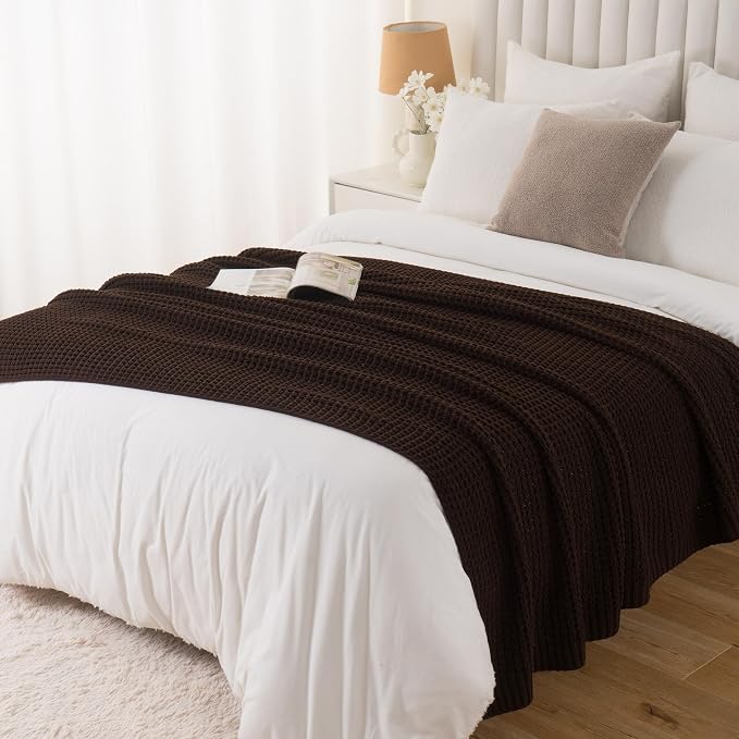 Brown Throw Blanket for Couch, Soft Chenille Knit Throw Blanket 50x60in | Chunky Waffle Knitted Blanket, Chocolate Brown Cable Knit Throw for Bed Sofa Living Room, Lightweight Warm Decorative Blanket