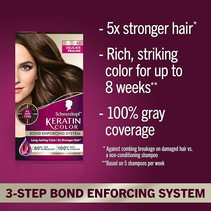 Schwarzkopf Keratin Permanent Hair Dye Cream, 6.0 Delicate Praline, Professional Quality Color for Up to 100% Gray Coverage, Bond Enforcing System