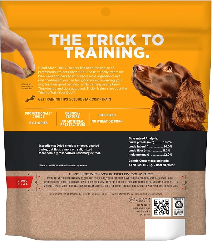 Cloud Star Tricky Trainers Crunchy Dog Training Treats 12 oz. Bag,Cheddar Flavor,Low-Calorie Behavior Aid with 680 Treats,(Pack of 2)