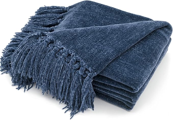 RECYCO Chenille Throw Blanket for Couch, 60"x80", Blue | Super Soft Knit Throw Blanket with Fringe Tassels, Lightweight Knitted Throw, Cozy, Ideal for Sofa Chair Bed Living Room Gift